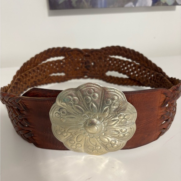 Brown Leather Braided Wide Waist Belt silver tone Concho Medium Boho western - Picture 9 of 9